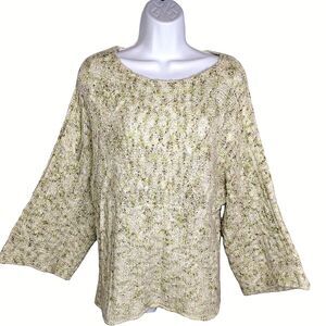 CURIO Women's Crew Neck Pullover 3/4 Sleeve Green White Sweater Size Large